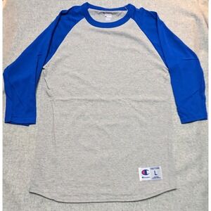 Champion Authentic 3/4 Length Sleeve Athletic Tee Shirt Mens Large Blue and Gray